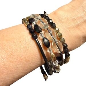 Womens Beaded Memory Wire Wrap Bracelet Black Gold Clear Faux Pearl Stacked Coil